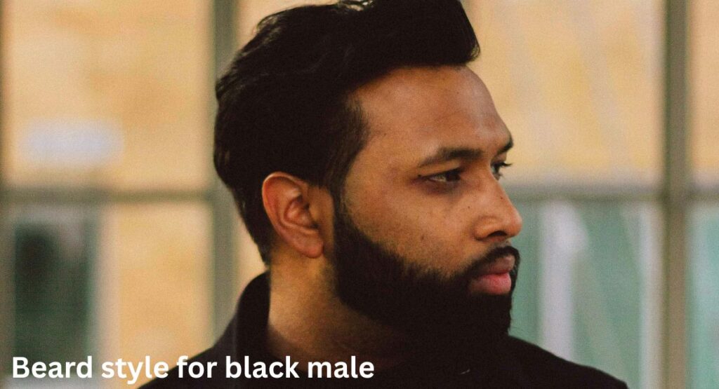 Beard styles for black males showing short boxed beard, tapered beard, and full beard on different face shapes