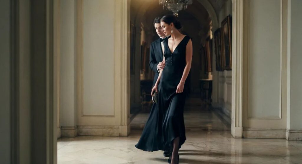 Couple in black tie attire at a formal event — man in tuxedo and bow tie, woman in a black evening gown
