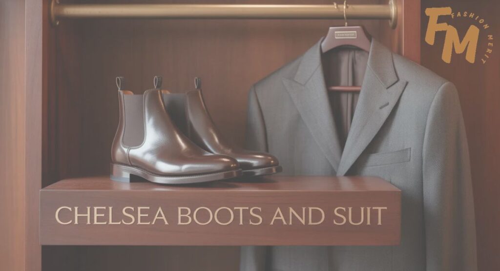 Chelsea boots and suit outfit showing black leather boots paired with a slim navy suit and white dress shirt
