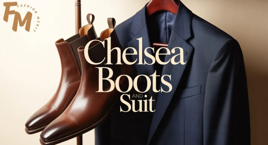Chelsea boots and suit outfit showing black leather boots paired with a slim navy suit and white dress shirt