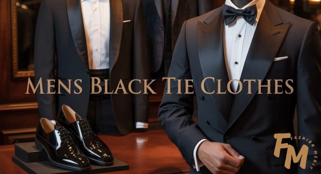 Mens black tie clothes outfit featuring a classic tuxedo, black bow tie, white dress shirt, and polished patent leather shoes for formal events.