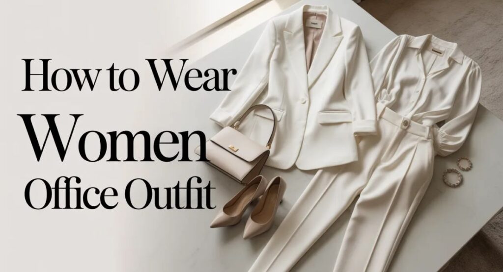 all white office outfit women elegant professional monochrome style