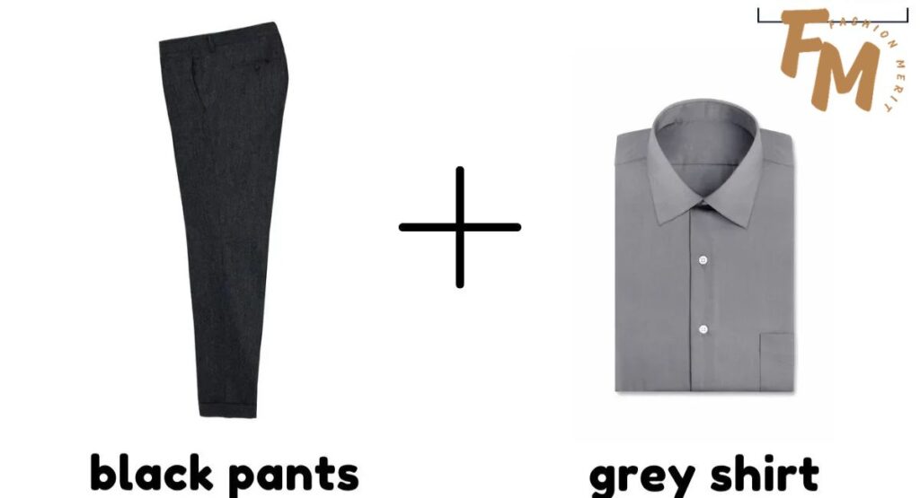 Reception outfit with black suit, grey shirt, and black tie.