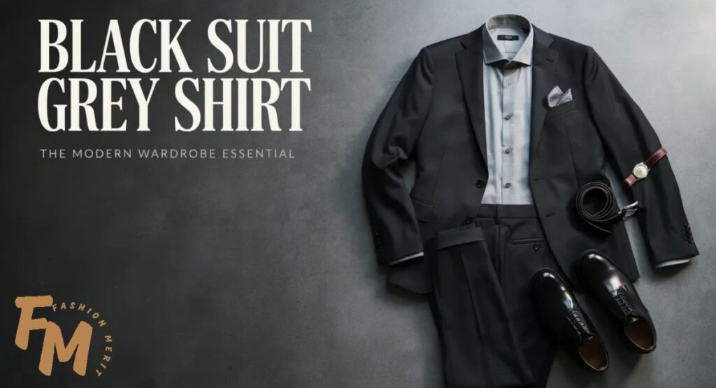 Black suit with silver grey shirt and matching accessories.