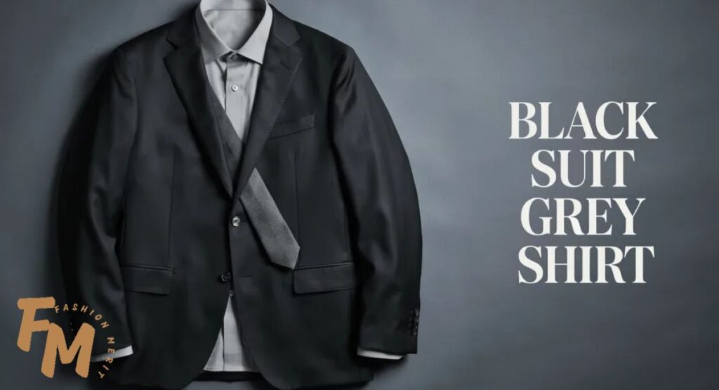 Modern monochrome outfit featuring a black suit and medium grey shirt.