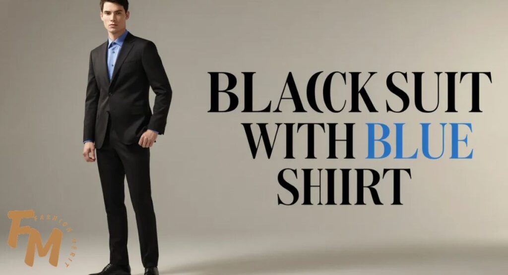 Black suit with blue shirt and black tie for men