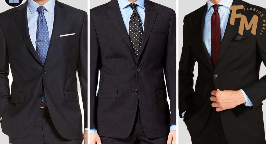 black suit with blue shirt 