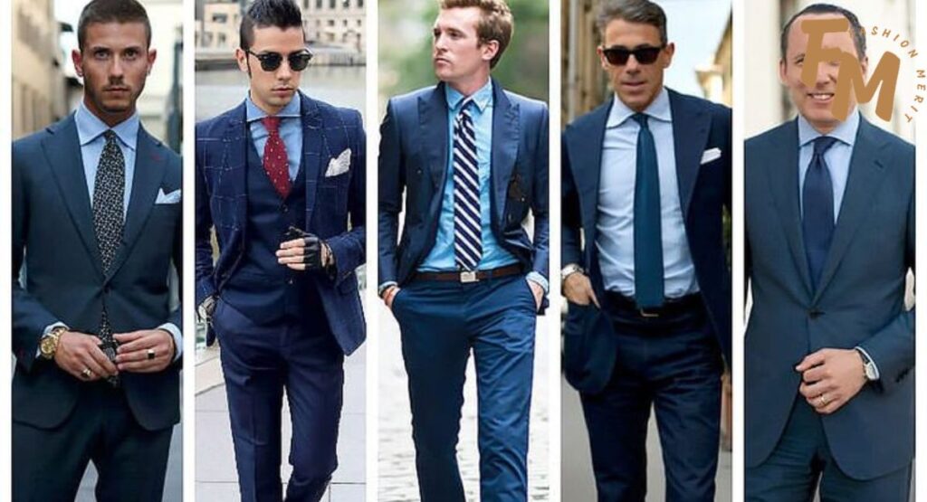black suit with blue shirt 