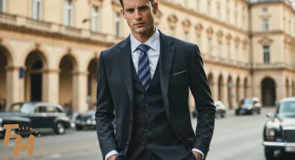 black suit with blue shirt 