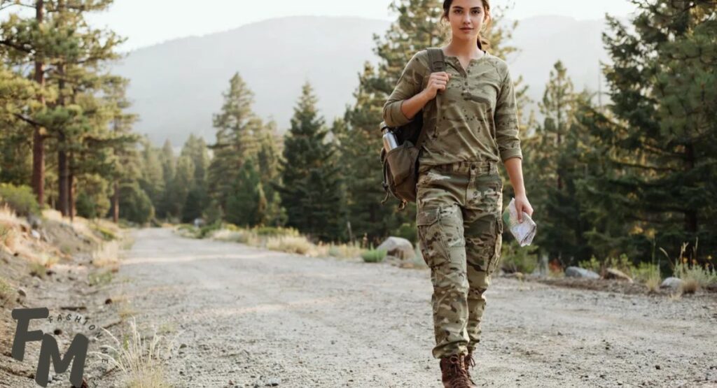 What colors go with camo hiking outfit featuring camouflage clothing and brown hiking boots