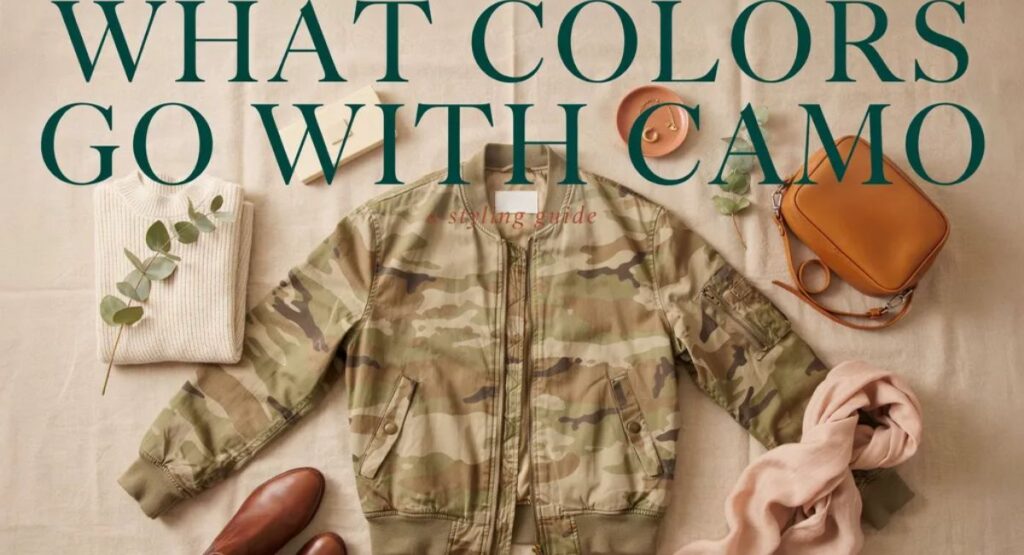 What colors go with camo jacket styled with cream knitwear, cognac leather bag, and brown shoes