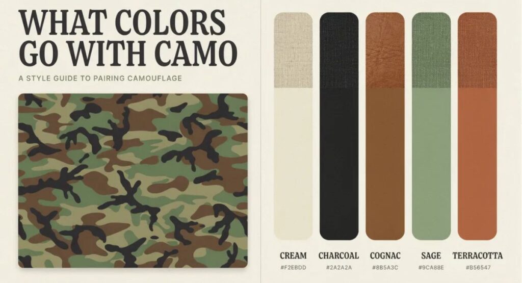 What colors go with camo color palette featuring cream, charcoal, cognac, sage, and terracotta