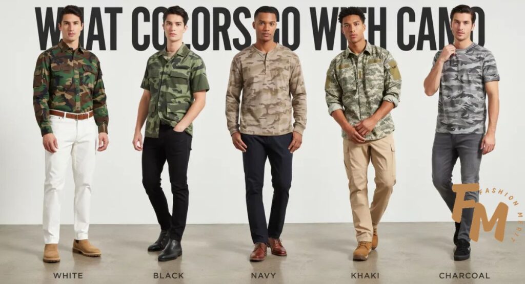 What colors go with camo shirt styled with white, black, navy, khaki, and charcoal pants
