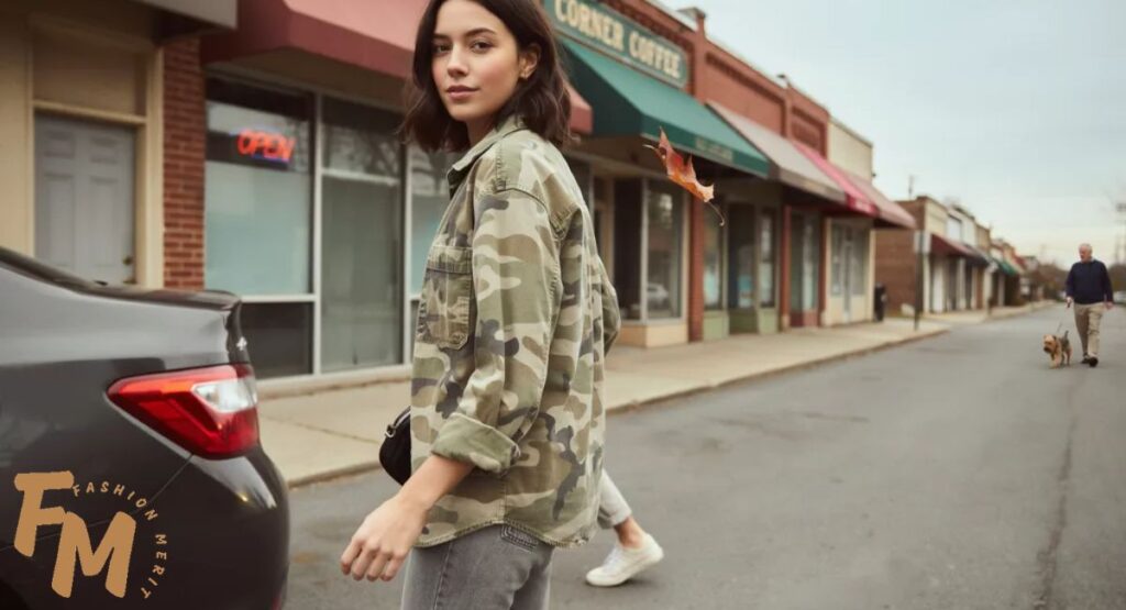 What colors go with camo jacket paired with gray jeans and white sneakers