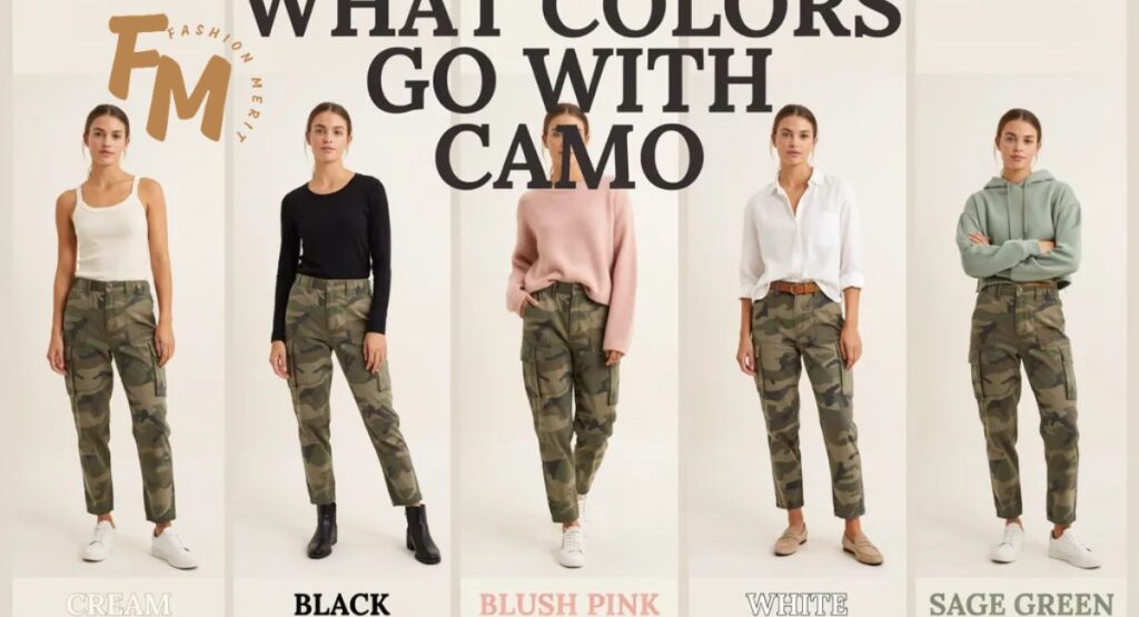 What colors go with camo women's outfit ideas featuring cream, black, blush pink, white, and sage green tops