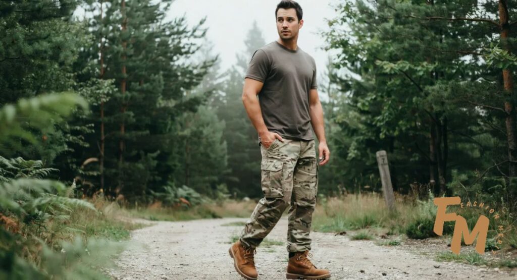 What colors go with camo cargo pants styled with an olive green T-shirt and brown hiking boots
