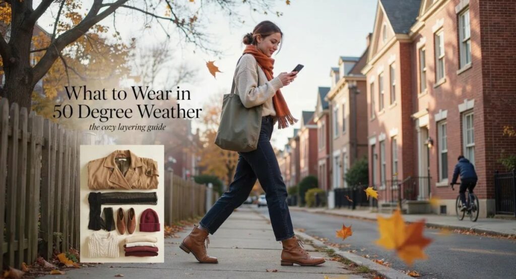 What to wear in 50 degree weather with layered sweater, jeans, and ankle boots