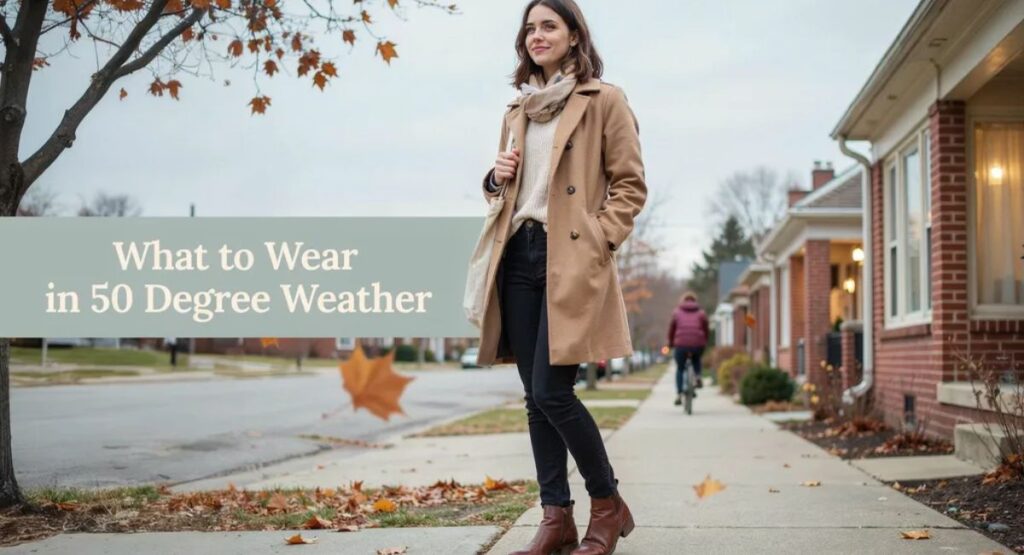 What to wear in 50 degree weather featuring a denim jacket outfit for spring