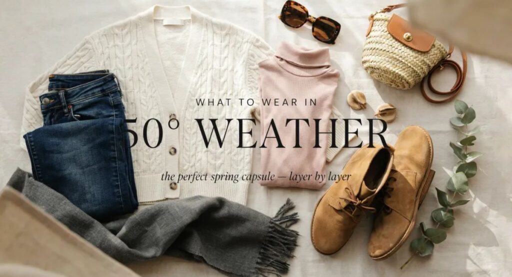 What to wear in 50 degree weather with a cozy scarf and lightweight jacket