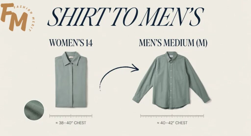 Diagram showing shoulder, chest, waist, and sleeve measurements for shirts.