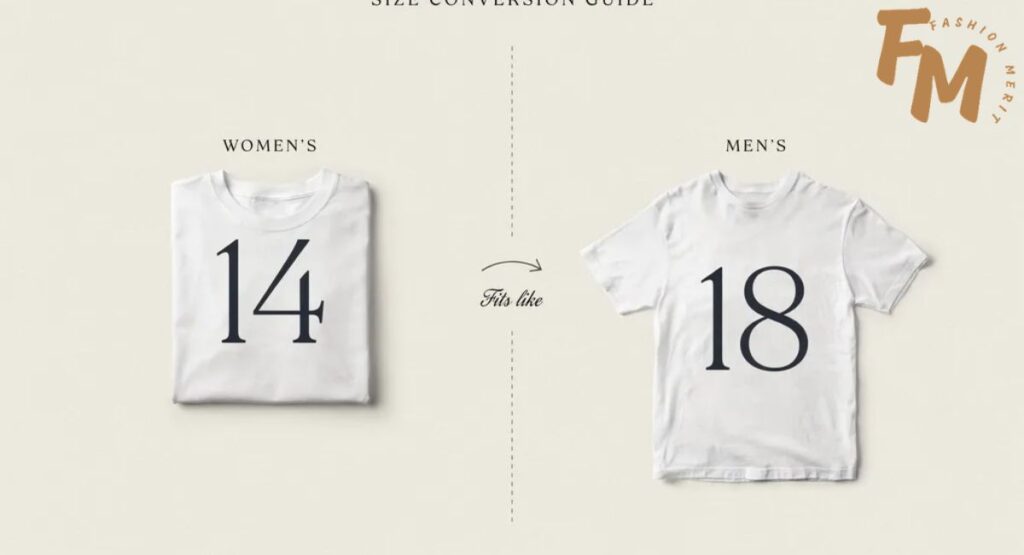 Fashion shopper comparing men's and women's clothing sizes in a store.